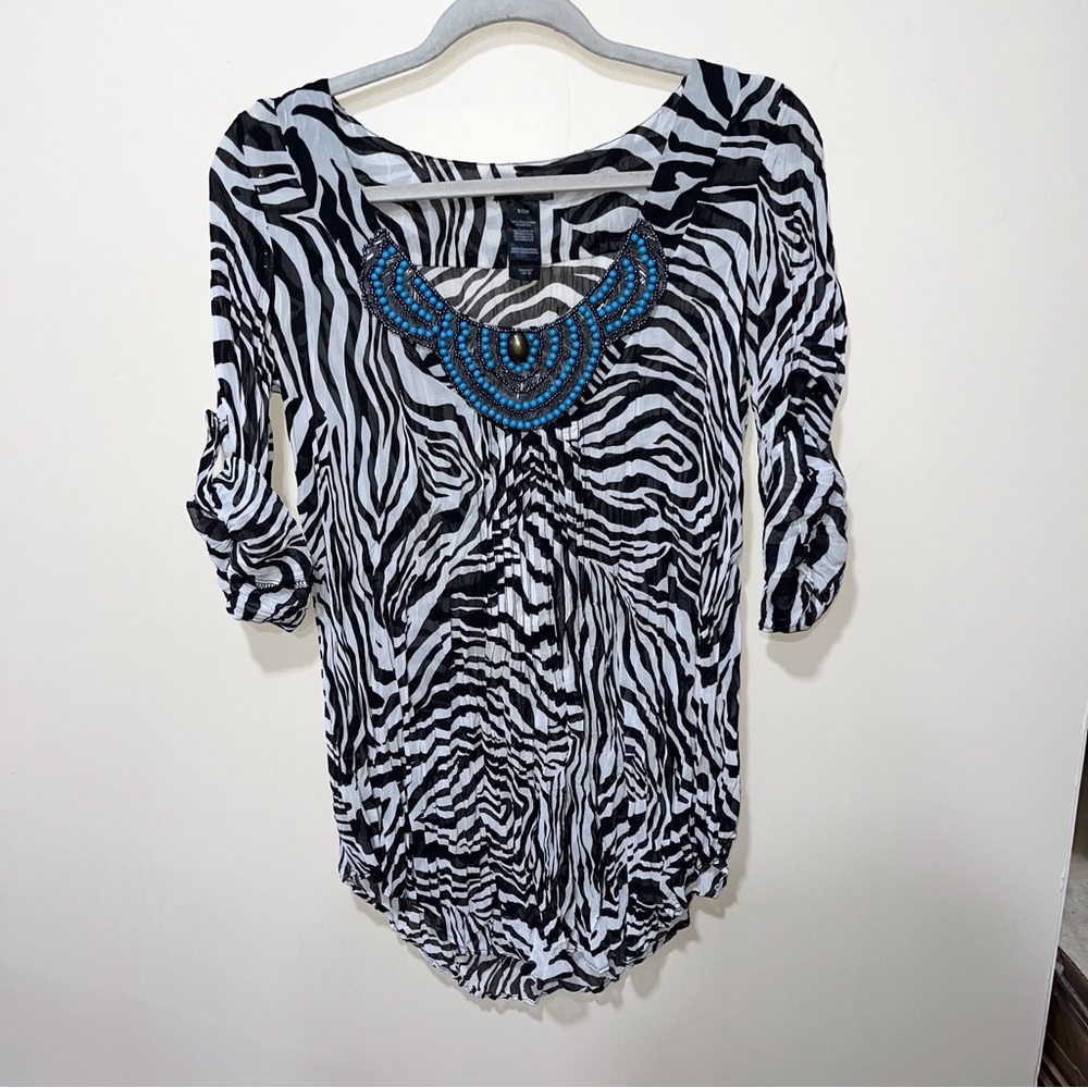 Bisou Bisou zebra print sheer beaded blouse